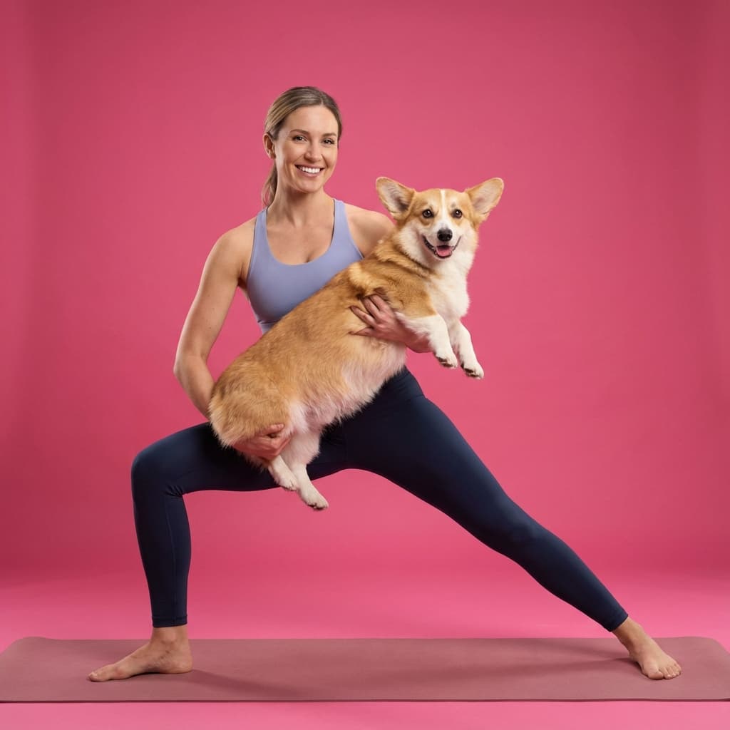 Woman doing yoga with corgi