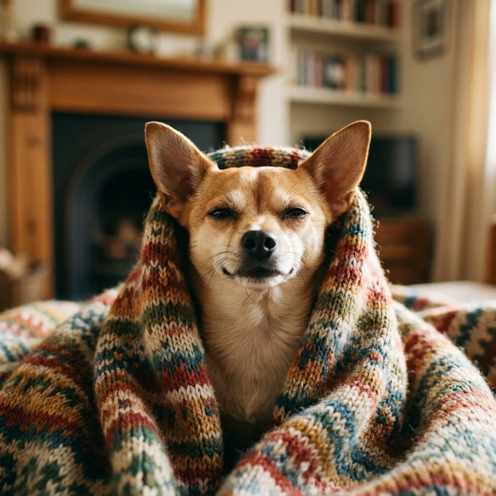 Small dog wrapped in blanket